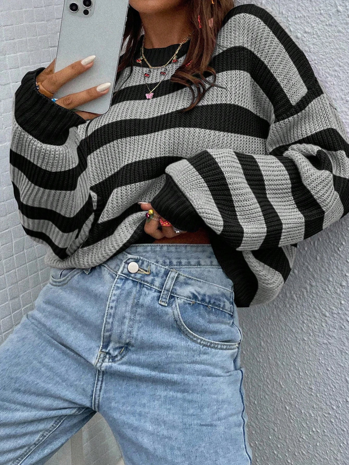 SoleilVie Striped Pattern Drop Shoulder Sweater,Long Sleeve Tops Knit Pullover Fall Winter Sweater
