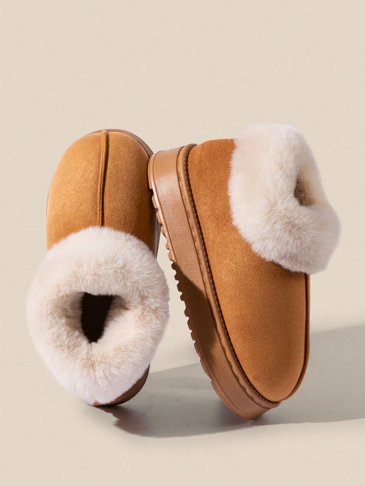 Women's High Heel Warm Slippers For Winter, Plush Lining Solid Color Comfortable Warm Indoor Shoes With Faux Fur Heel