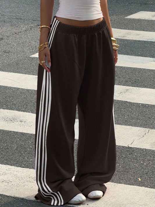 Muchica Women's Chocolate Brown Casual Wide Leg Sweatpants With Side Stripe Detail And Extra Long Knitted Fabric