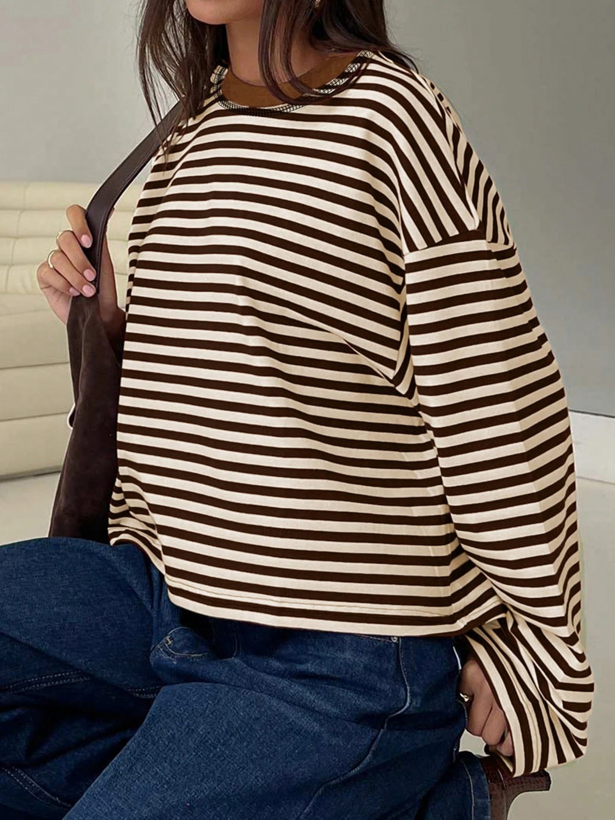 Women's Casual Top, Striped Contrast Ribbed Knit, Everyday Wear, Spring/Autumn