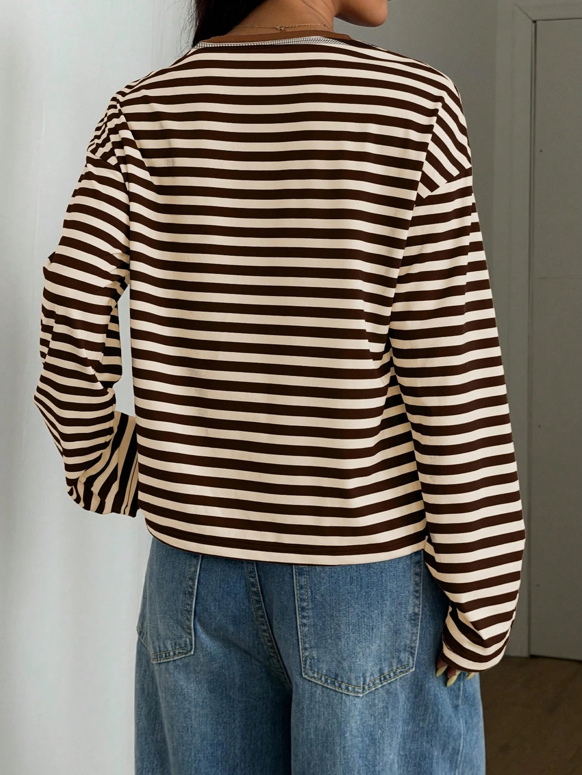 Women's Casual Top, Striped Contrast Ribbed Knit, Everyday Wear, Spring/Autumn