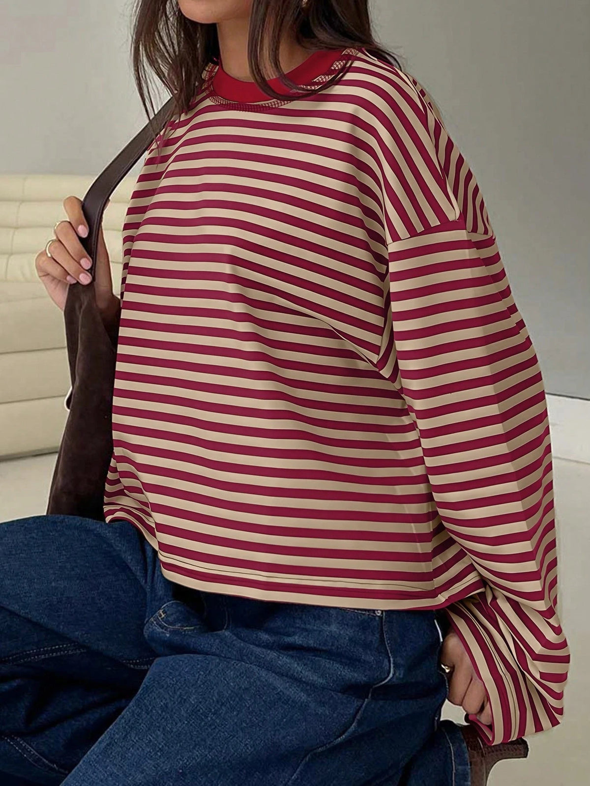 Women's Casual Top, Striped Contrast Ribbed Knit, Everyday Wear, Spring/Autumn