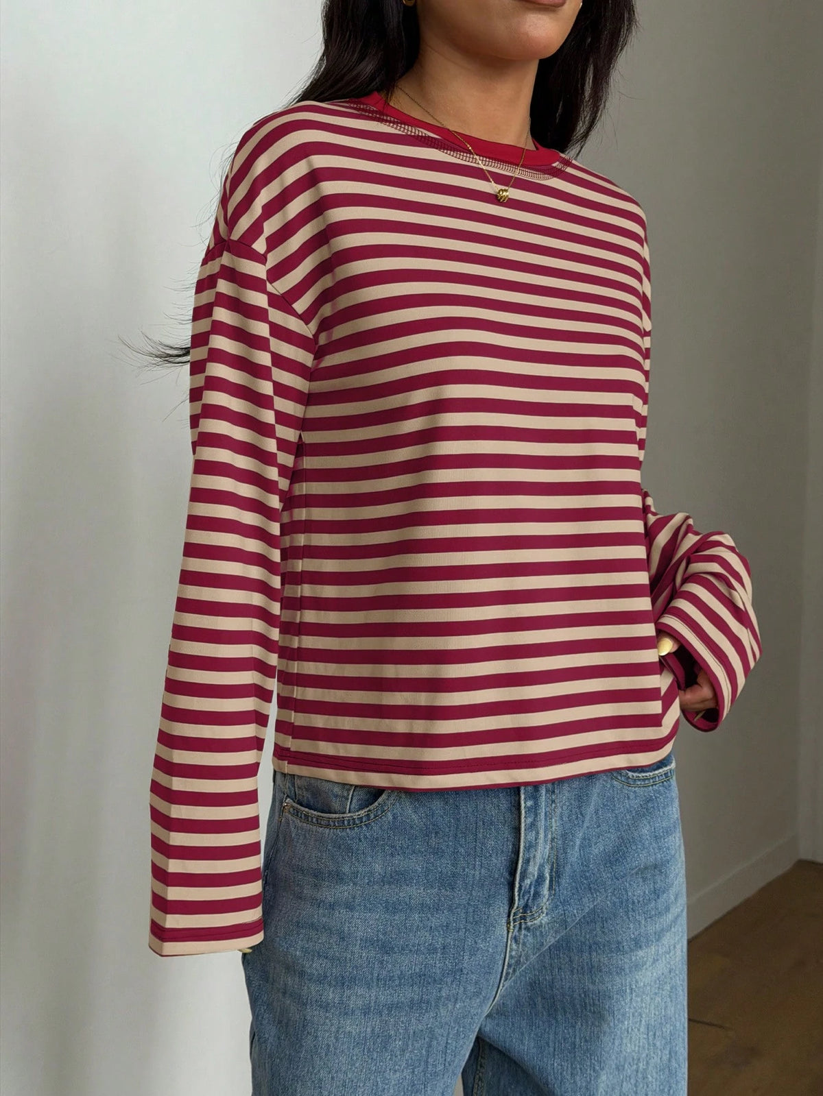 Women's Casual Top, Striped Contrast Ribbed Knit, Everyday Wear, Spring/Autumn