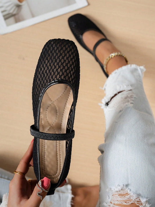 Summer Lace Mesh Hollow Flat Shoes, Women Breathable Elastic Band Ballet Shoes