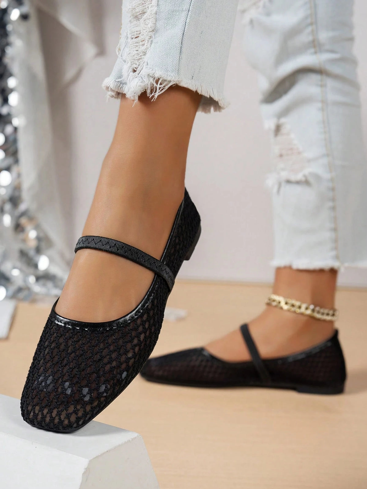 Summer Lace Mesh Hollow Flat Shoes, Women Breathable Elastic Band Ballet Shoes