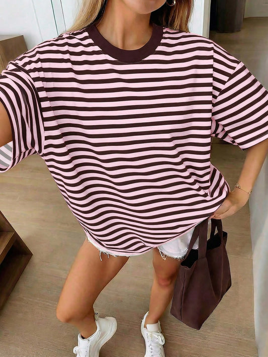 Oversized Loose Fit Short Sleeve T-Shirt, Casual Vacation Outfit For Women Pink Summer