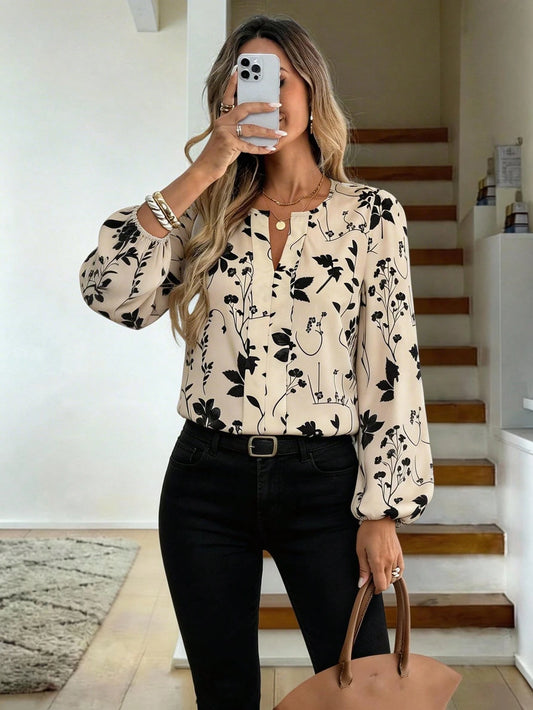 SHEIN LUNE Women Casual/Office Round Neck V-Notch Faux Placket Puff Sleeve Floral Print Long Sleeve Blouse