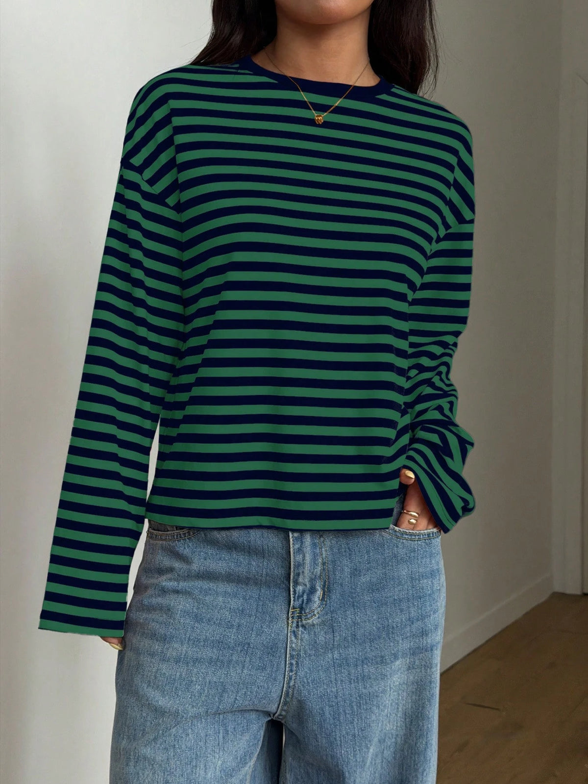 Women's Casual Top, Striped Contrast Ribbed Knit, Everyday Wear, Spring/Autumn